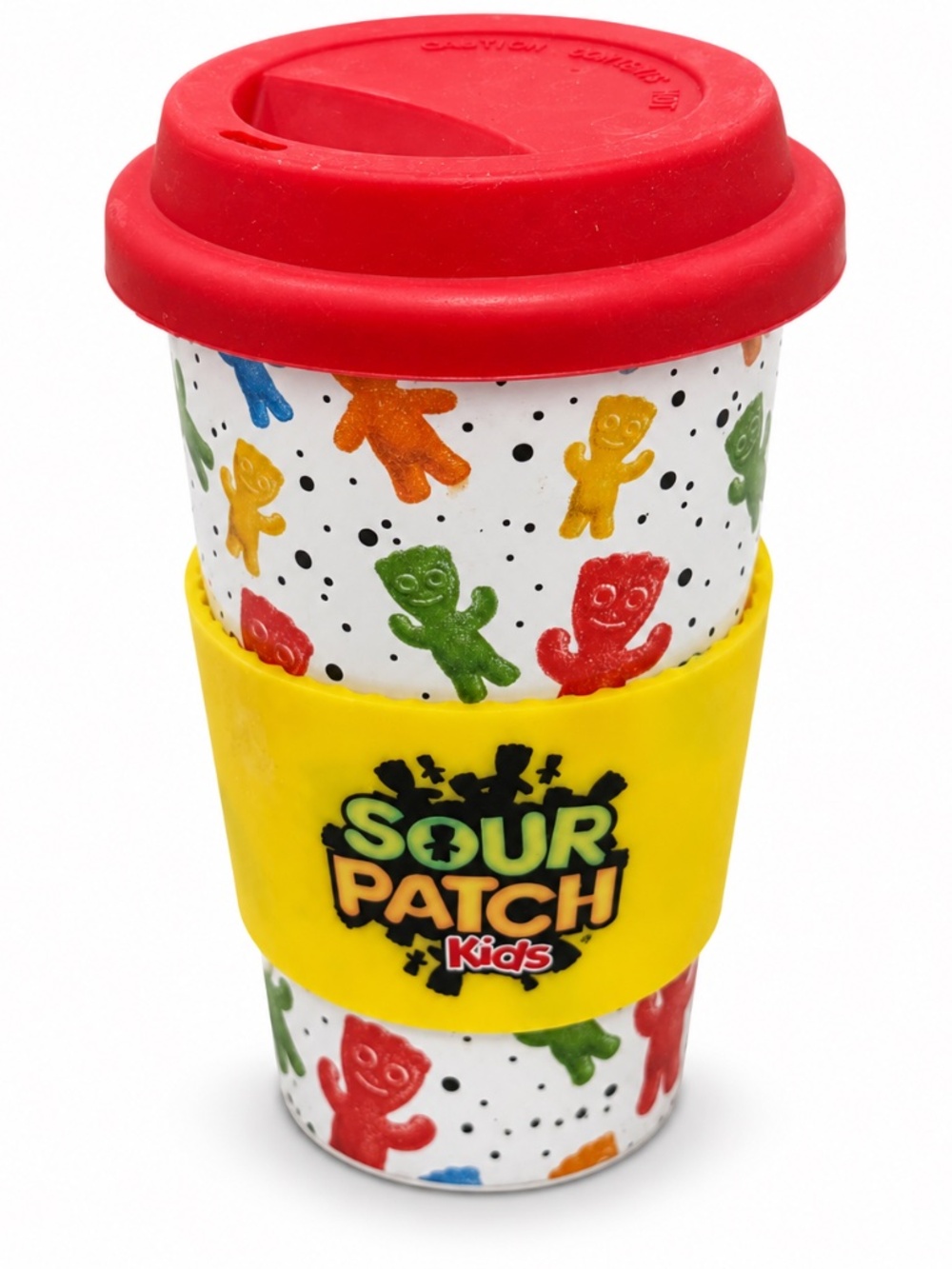 Sour Patch Kids Ceramic Travel Mug Red Lid Silicone Grip